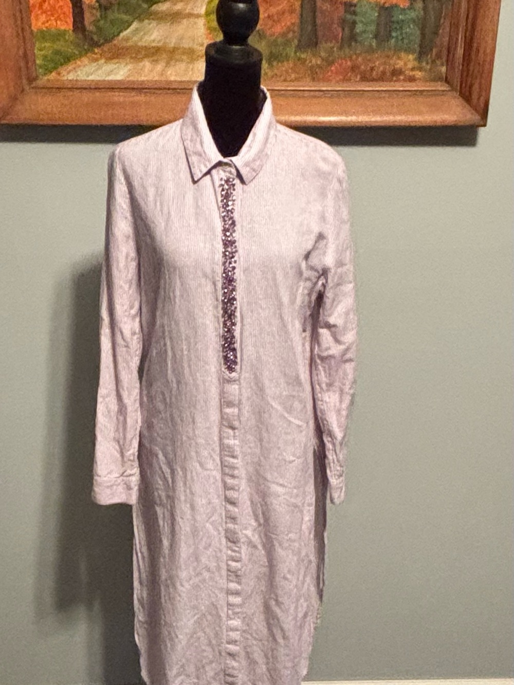 Chico's Linen Blend Lavender Button-Down Tunic/Shirt Dress with Jeweled Placket